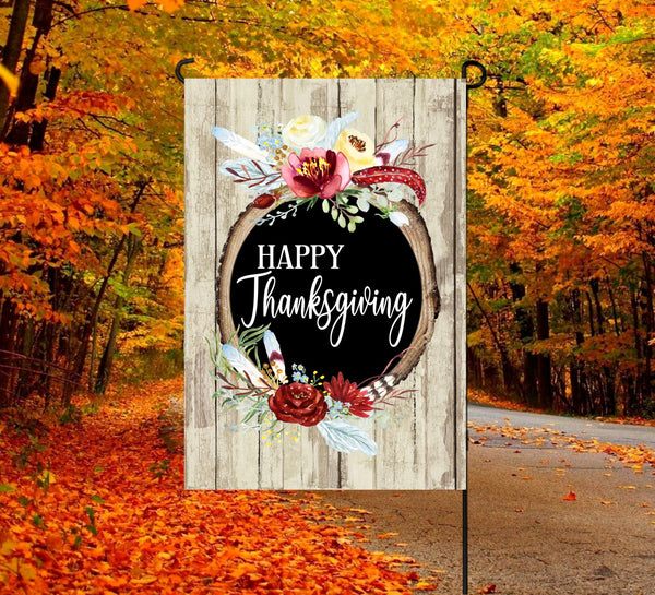 Happy Thanksgiving Wood Round Garden Flag