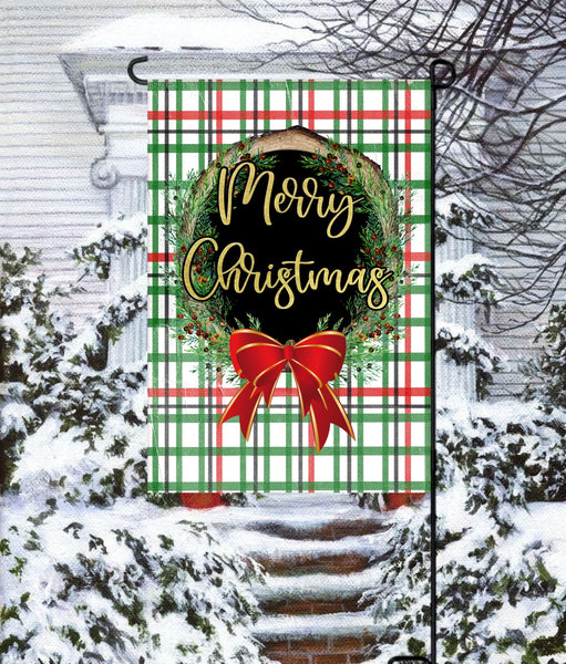Merry Christmas Gold Plaid Garden Flag Digital Design