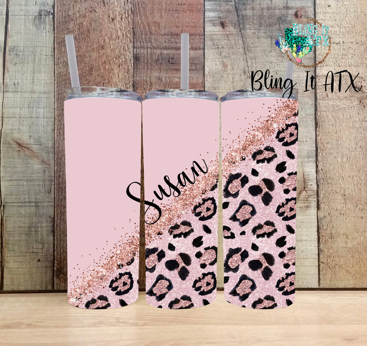 Light Pink/Rose Gold Leopard Tumbler & Pen Set | Custom Tumber |  Personalized Tumbler | Leopard Tumbler