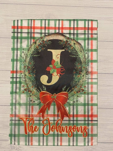 Double Sided Flag with Christmas Plaid with Initial and Name & Happy Thanksgiving Garden Flag