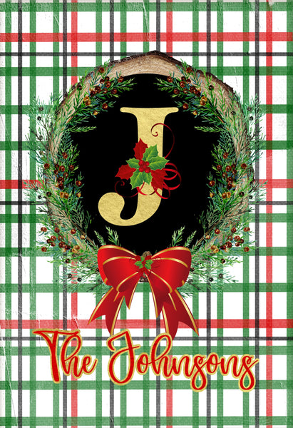 Christmas Plaid with Initial and Name Garden Flag