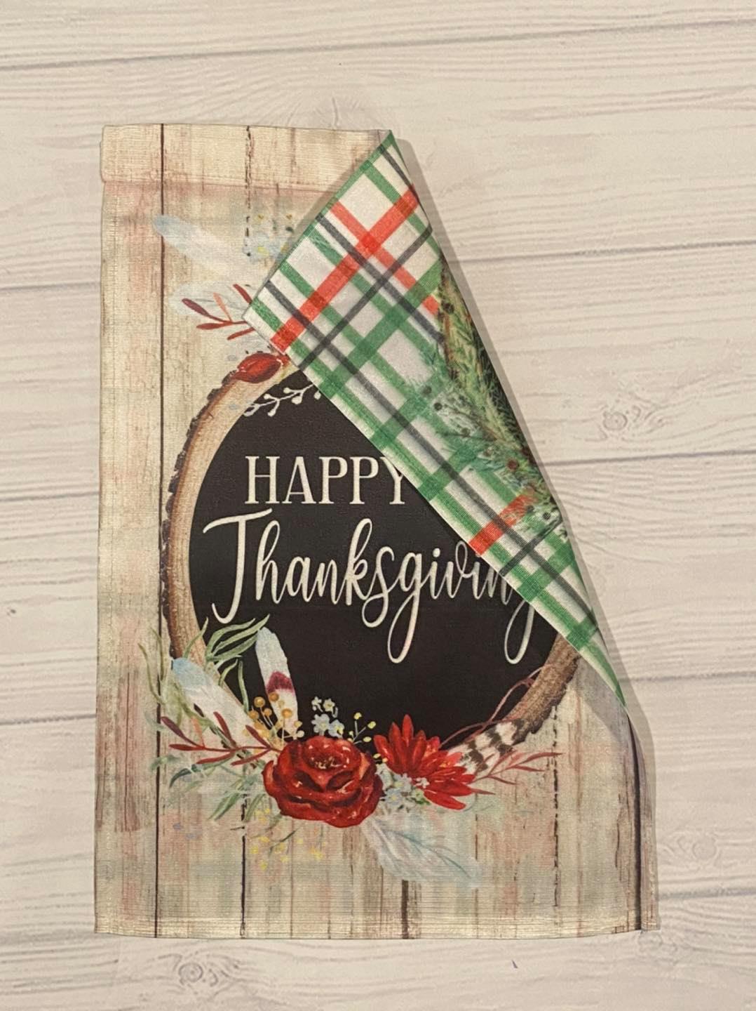Double Sided Flag with Christmas Plaid with Initial and Name & Happy Thanksgiving Garden Flag