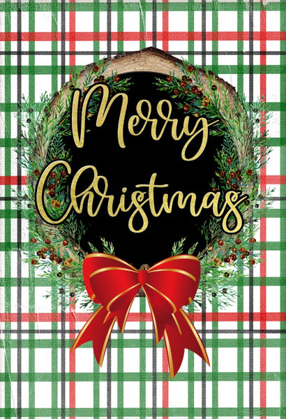 Merry Christmas Gold lettering with Plaid Garden Flag