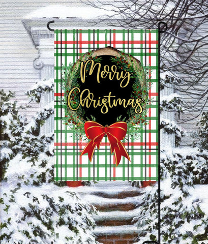 Merry Christmas Gold lettering with Plaid Garden Flag