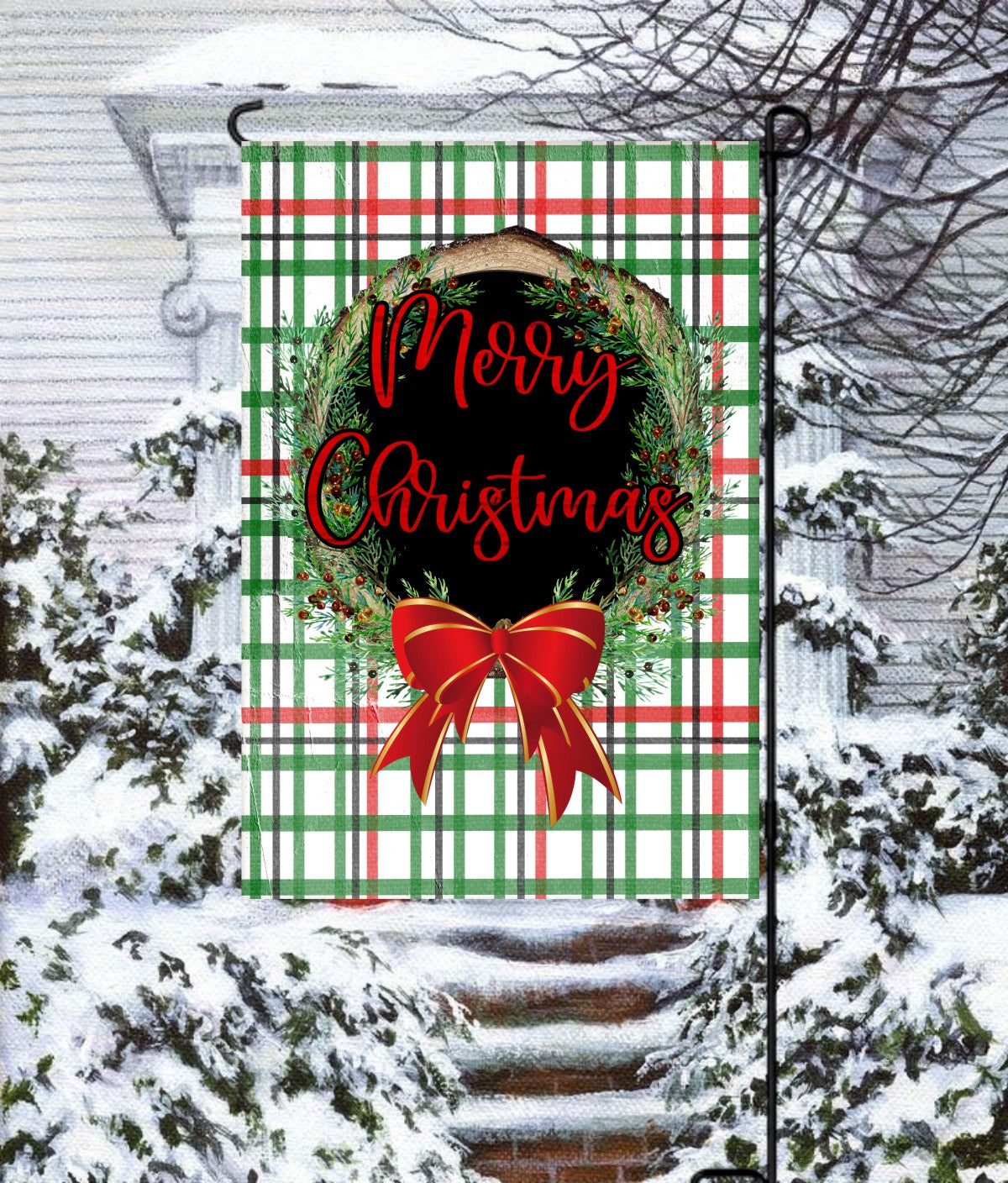 Merry Christmas Red with Plaid Garden Flag