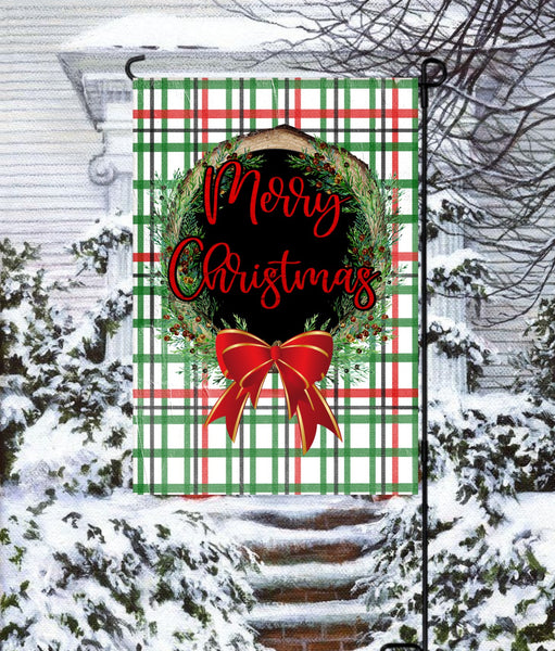 Merry Christmas Red with Plaid Garden Flag