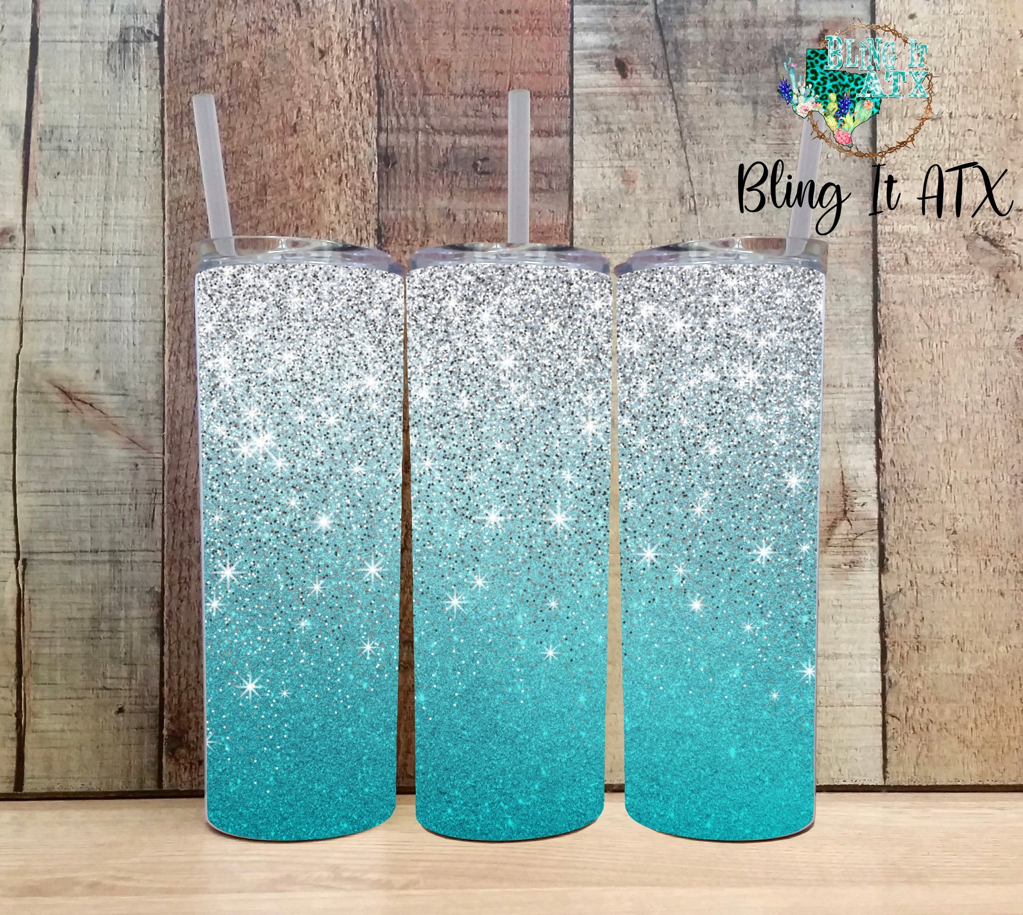 Teal ombré glitter with silver overlay Tumblers-Custom Name