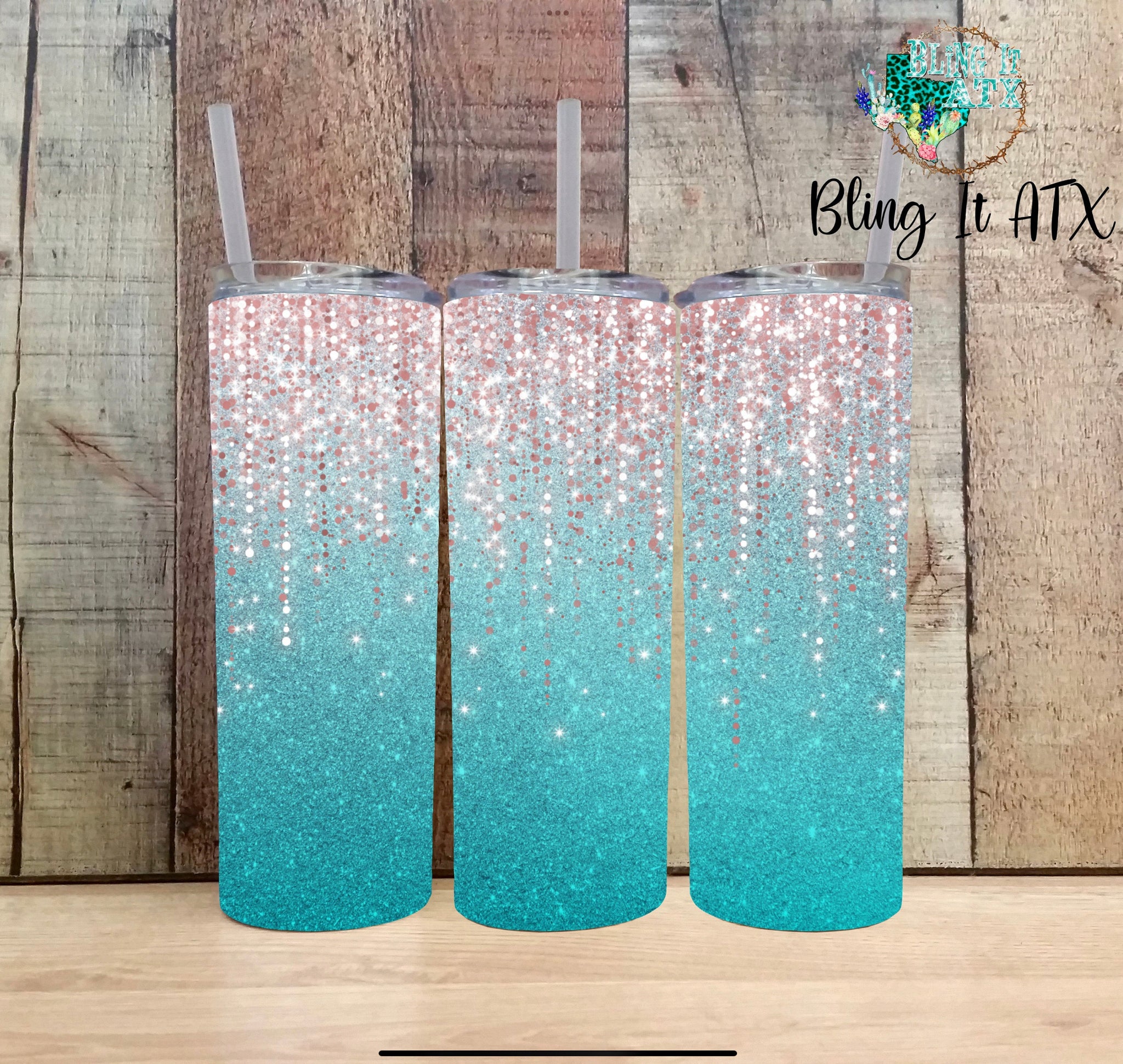 Teal glitter ombré with rose gold overlay Tumblers-Custom Name