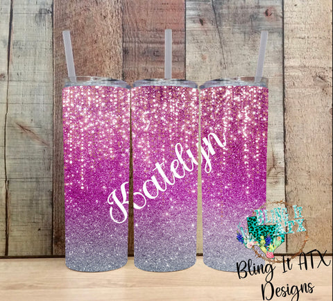 Pink to silver glitter with rose overlay Tumblers-Custom Name