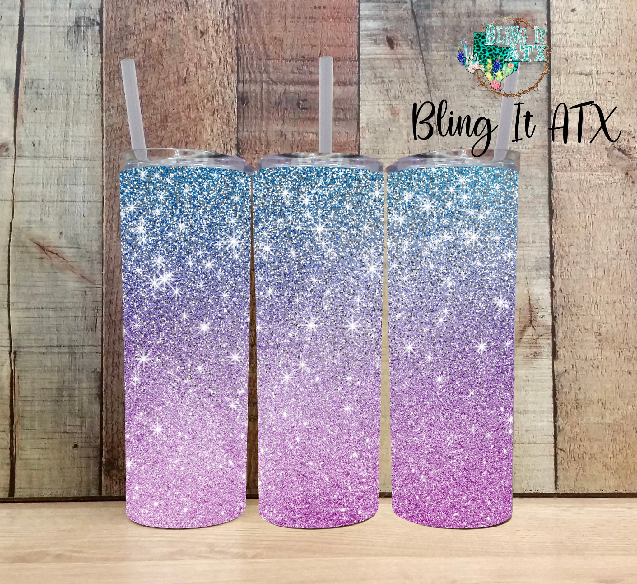 Purple to blue ombré glitter with silver overlay Tumblers-Custom Name